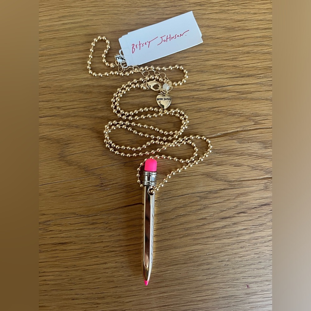 NEW Betsey Johnson Charm School Pencil Pendant Gold & hot pink MSRP $78